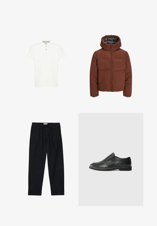 Barna puffertarka, kapucnival, cipzáras elülső záródással, steppelt kivitelben és sima belső béléssel. Diszkrét márkázással kiemelve.; Fehér pamut póló, klasszikus gallérral, rövid ujjú, sötétkék gombokkal ellátott három gombos gombolással.; Pier One Vászonnadrágok - black; Fekete bőr, slip-on cipő sima felsőrésszel, varrott díszítéssel, lekerekített orral és alacsony gumitalppal. A talpa minimális bordázattal rendelkezik.