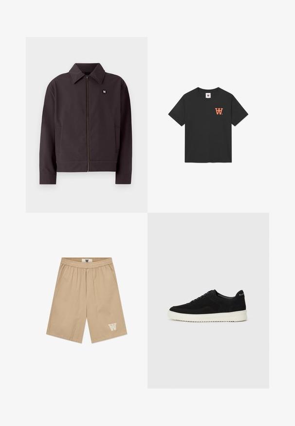 Dunkelgraue Bomberjacke mit einem Reißverschluss vorne, spitzem Kragen und Seitentaschen. Verfügt über ein rundes schwarzes Logo auf der Brust. Glatte Stoffstruktur.; Schwarzes Baumwoll-T-Shirt mit kurzen Ärmeln, Rundhalsausschnitt und einem orangefarbenen "W"-Logo auf der linken Brust. Weiche, glatte Textur.; Beige Shorts aus leichtem Material mit elastischem Bund, seitlichen Taschen und einem weißen Logoakzent am unteren linken Bein.; Schwarze Wildleder-Sneaker mit Schnürdesign und kontrastierender weißer Gummisohle. Verfügt über strukturierte Seitenpaneele und dezentes Branding an der Ferse.
