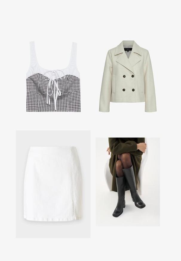 Beige divkāršais žakets ar ieliektu apkakli, izgatavots no mīksta auduma, ar divām sānu kabatām un tumšiem pogām kā akcentiem.; Melnbalts šaha raksta apgriezts tops ar teksturētu baltu augšdaļu, kvadrātveida dekoltē un regulējamu saiti centrā. Iezīmē plašas siksnas.; Balta denima mini svārki ar taisnu griezumu, ar nelielu sānu iegriezumu un tīram šuvēm minimalisma dizainam.; Ceļgalu augstuma melni ādas zābaki ar kvadrātu purngalu un bloku papēdi, attēloti modelī, kurš sēž olīvu zaļā mētelī. Gluda tekstūra, minimāla apdare.
