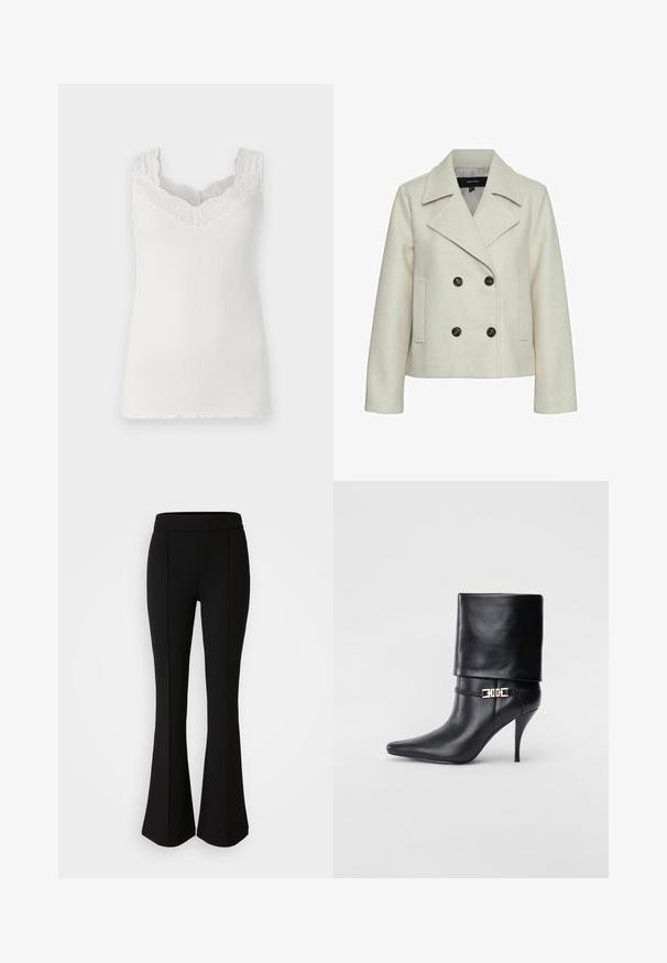 Bež kahekordne jakk, millel on lõigatud lõikega krae, valmistatud pehmest kangast, kahe küljetaskuga ja tumedate nööpide rõhutustega.; Valge sooniline tops v-kujulise kaeluse ja pitsist äärisega kaelusel. Omab sobivat siluetti ja lainjalga linnaosa. Pehme tekstuur.; Mustad flared püksid, mis on valmistatud elastsetest materjalidest, millel on sile tekstuur. Ees on õmbluste detailid, mis lisavad disaini.; Mustad nahast pahkluu saapad terava nina, kõrge stilettokanna, volditud äärega ja kuldse dekoratiivse pandlaga pahkluul.