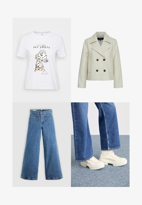 Bež, dvoredni suknjič s izrezanim reverjem, izdelan iz mehkega blaga, z dvema stranskima žepoma in temnimi gumbi kot poudarki.; Bela bombažna majica z ilustracijo psa s črnimi pegami, ki nosi krono in ogrlico. Besedilo pravi: "Ne morem spremeniti svojih peg."; Modre visokorzne široke jeans hlače z sprednjimi žepi, zankami za pas, z gumbom in zadrgo na enobarvni podlagi.; Bele zimske superge z debelimi, rebrastimi podplati in krožnim logotipom, oblečene z svetlo modrimi, širokimi kavbojkami.