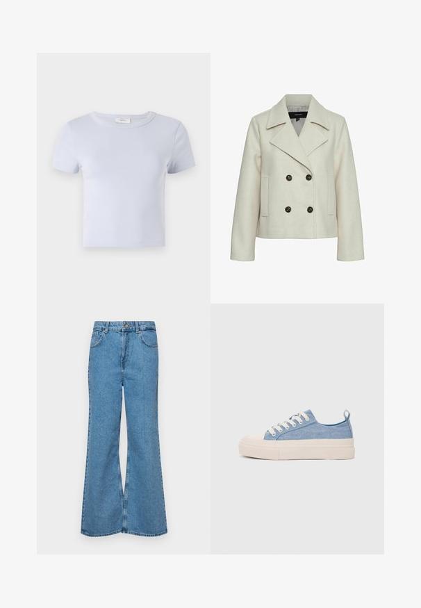 Beige dobbeltbrystet jakke med reverskrave, lavet af blødt stof, med to sidelommer og mørke knapper som accenter.; Lyseblå kortærmet t-shirt med rund hals, lavet af blødt stof; har en tætsiddende pasform og diskrete syninger.; Lysblå flagrende jeans lavet af denim, med høj talje, fem lommer og en enkelt knaplukning. Blød tekstur med en falmet finish.; Lyseblå lærredssneakers med en cremefarvet gummitåhætte og sål, udstyret med hvide snørebånd og en træksløjfe på hælen.