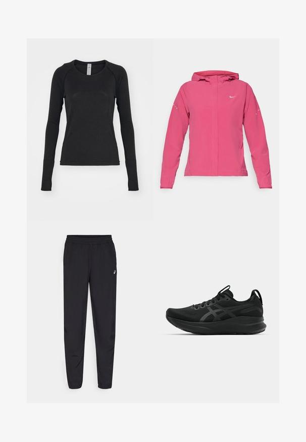 Giacca Nike rosa con zip frontale, cappuccio, maniche lunghe con polsini elastici e dettagli riflettenti sulle maniche. Tessuto dalla superficie liscia.; Camicia a maniche lunghe nera, realizzata in tessuto morbido. Presenta un collo rotondo e maniche raglan con aperture per il pollice nei polsini. Design minimalista.; Pantaloni sportivi neri con vita elastica, gambe affusolate con polsini, realizzati in un materiale leggero e liscio, con un piccolo logo sulla coscia.; Scarpe sportive nere con tomaia traspirante, tessuto testurizzato, suola spessa e accenti di branding discreti. Inclusi lacci e linguetta.