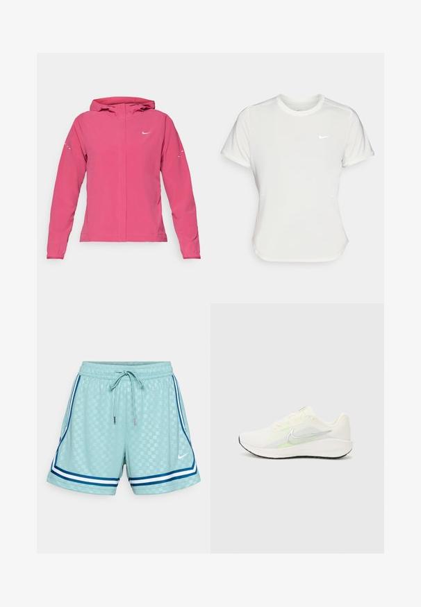 Roza Nike jakna z zadrgo spredaj, kapuco, dolgimi rokavi z elastičnimi manšetami in odsevnimi detajli na rokavih. Gladek tekstilni material.; Nike majica v beli barvi, kratki rokavi, okrogla izrezana vrata, izdelana iz gladkega, lahkotnega materiala. Značilna je subtilna logo na prsnem delu.; Svetlo modri kratki hlače z teksturiranim vzorcem mreže, elastičnim pasom, nastavljivo vrvico in modrimi in belimi stranskimi črtami. Nike logotip na sprednji strani.; Nike Performance DOWNSHIFTER 13 - Tekaški copati za cesto - sail/silver-coloured photon dust/summit white/barely volt/black