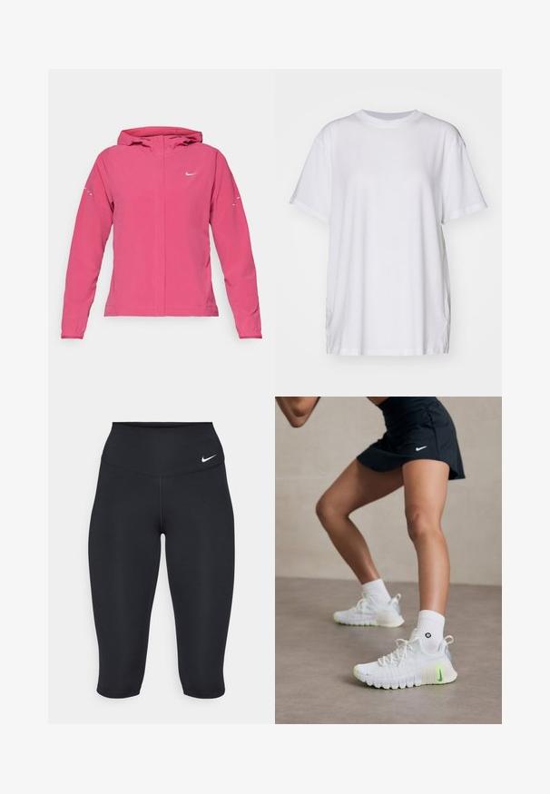 Pink Nike jacket featuring a zip front, hood, long sleeves with elastic cuffs, and reflective accents on the sleeves. Smooth fabric texture.; White oversized t-shirt made of cotton, featuring a crew neckline, short sleeves, and side slits for a relaxed fit. Smooth texture.; Nike black capri leggings feature a high waistband, smooth stretch fabric, and subtle logo detail on the front.; White athletic shoes with a textured surface, neon green accents, and a prominent Nike logo. Worn with white ankle socks.