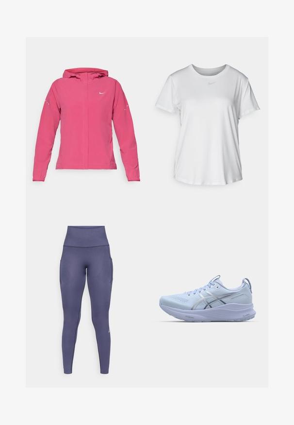 Chaqueta Nike rosa con cremallera en el frente, capucha, mangas largas con puños elásticos y detalles reflectantes en las mangas. Textura de tela suave.; Camiseta blanca de manga corta hecha de tejido suave, con un escote redondo y un pequeño logo de Nike gris en el pecho.; Leggings deportivos de talle alto, sin costuras, en color azul marino, con bolsillos laterales y un sutil patrón texturizado, diseñados para ropa de actividad.; Zapatilla de running azul claro con parte superior de malla, acentos plateados reflectantes, suela acolchada y suela de goma texturizada para un mejor agarre.