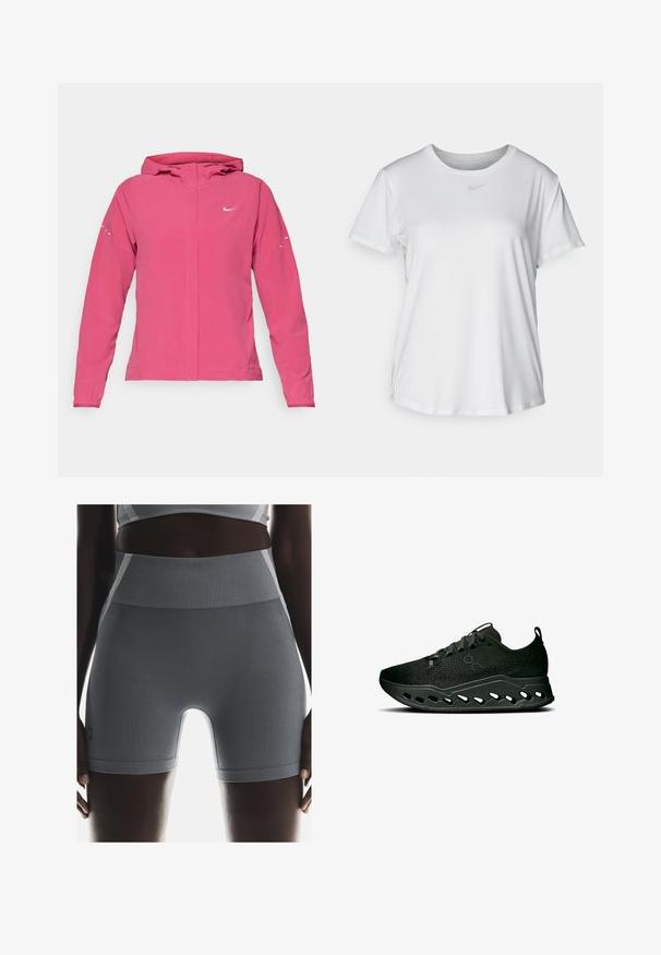 Roza Nike jakna z zadrgo spredaj, kapuco, dolgimi rokavi z elastičnimi manšetami in odsevnimi detajli na rokavih. Gladek tekstilni material.; Bela kratka majica s kratkimi rokavi, izdelana iz gladkega blaga, z okroglim izrezom in majhnim sivim logotipom Nike na prsih.; Sive rebraste športne kratke hlače imajo visok pas, gladko teksturo in prilegajočo obliko, dopolnjene s majhno oznako blagovne znamke na strani.; On CLOUDSURFER MAX - Tekaški copati za cesto - black eclipse