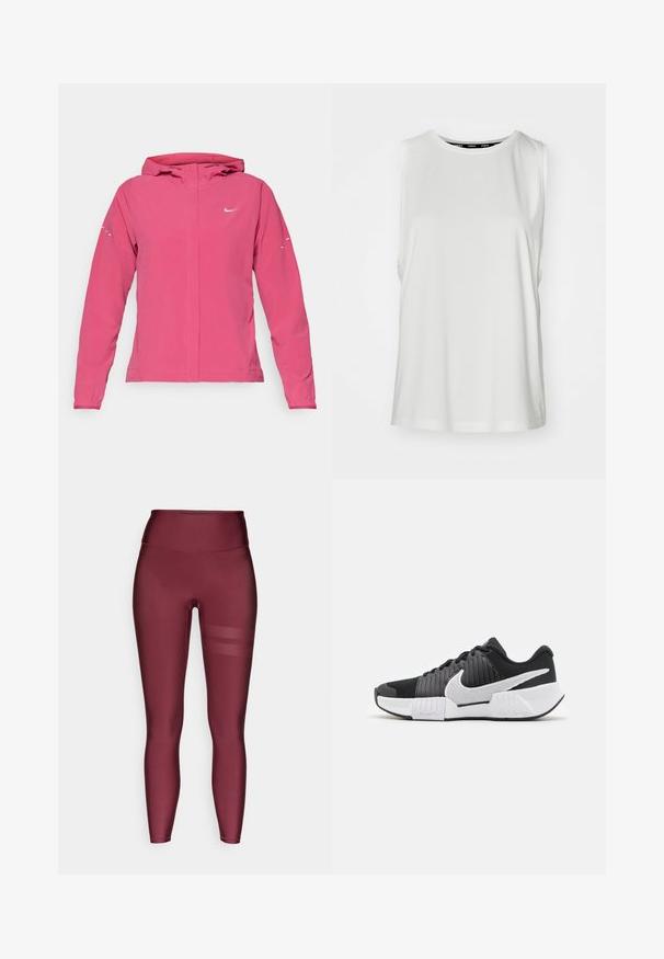 Roosa Nike jakk, millel on lukuga esikülg, kapuuts, pikad varrukad elastsete mansettidega ja peegeldavad detailid varrukatel. Sile kangast tekstuur.; Valge ilma varrukateta topp, mis on valmistatud siledast kangast, ümmarguse kaelusega, lõdva lõikega ja puhta servaga. Nähtavad mustrid või kaunistused puuduvad.; Burgundia pikkpüksid kõrge vöökoha ja siledast, venivast materjalist, külgedel horisontaalsete võrkmustritega.; Mustvalged mustvalged spordijalatsid struktuurse pealsega, silmapaistev Nike’i logo ja kontrastne talladisain paremaks haardeks ja stabiilsuseks.