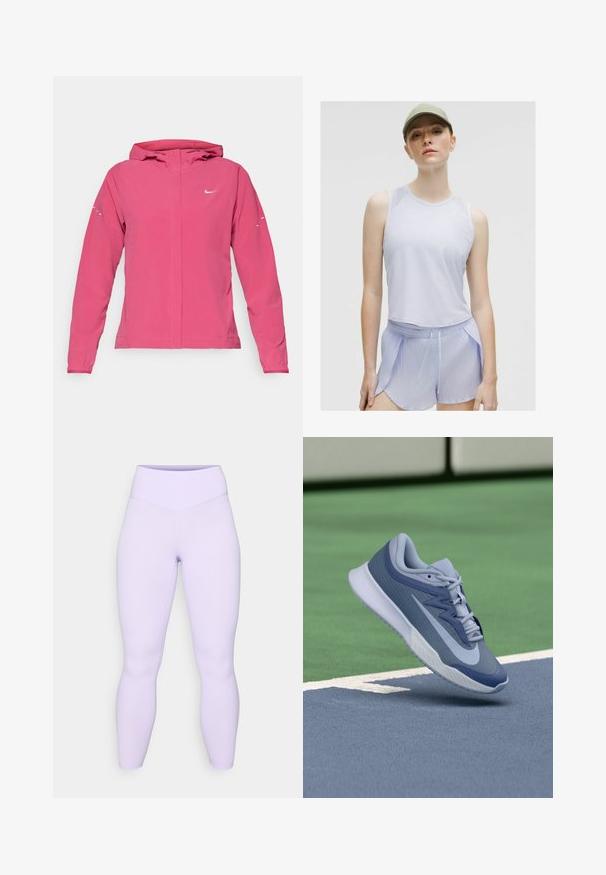 Ružová Nike bunda s predným zipsom, kapucňou, dlhými rukávmi s elastickými manžetami a reflexnými akcentmi na rukávoch. Hladká textúra látky.; Biele športové tričko bez rukávov a svetlofialové textúrované šortky. Model nosí svetlozelenú čiapku. Obe súčasti majú voľný strih.; Fialové legíny s vysokým pásom, hladkou textúrou a priliehavým strihom, ktoré siahajú až po členky bez viditeľných švov alebo vzorov.; Športové tenisky v svetlomodrej a námorníckej farebnej kombinácii, s textúrovaným zvrškom, plochými šnúrkami a ľahkou bielou podrážkou. Vyvýšené nad povrchom ihriska.