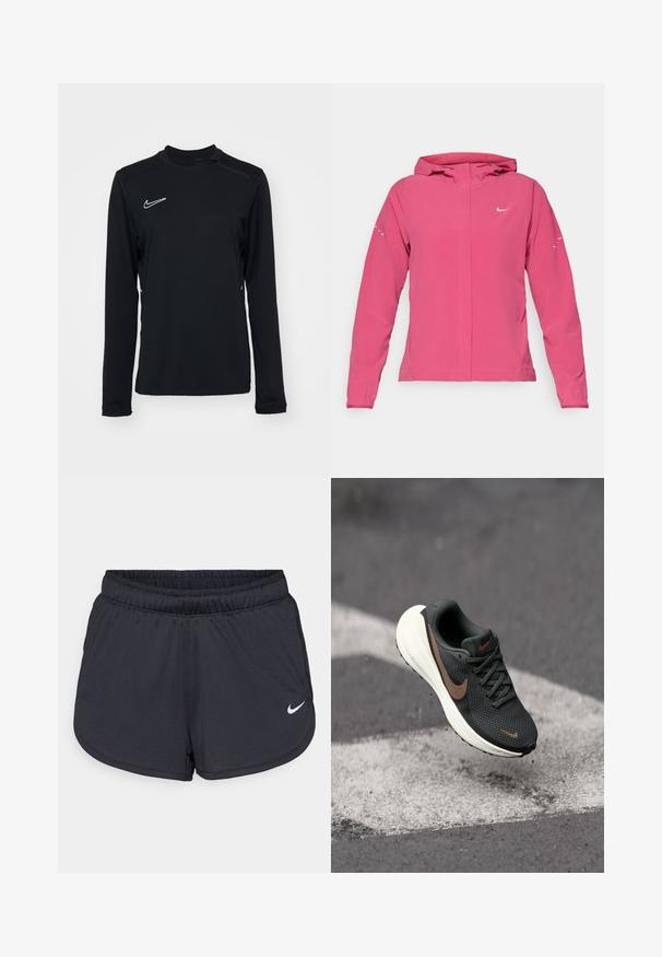 Roosa Nike jakk, millel on lukuga esikülg, kapuuts, pikad varrukad elastsete mansettidega ja peegeldavad detailid varrukatel. Sile kangast tekstuur.; Mustmust pikkade varrukatega spordipaita, mis on valmistatud siledast kangast, ümmarguse kaelusega ja väikese valge Nike logo kaelakaela vasakul küljel.; Mustad mustikud mustad lühikesed püksid, mis on valmistatud kerge ja hingava kangaga. Omab elastset vööd ja valget Nike logo alumises paremas nurgas.; Must musta jooksv kingad musta võrkmaterjaliga pealisosa, pruuni Nike logo ja valge pehmendusega tald, rippumas halli pinna kohal.