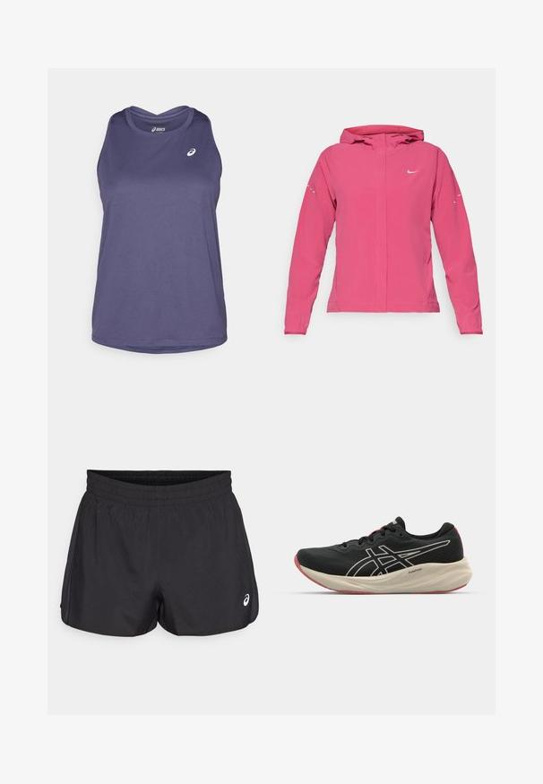 Vaaleanpunainen Nike-takki, jossa on vetoketjukiinnitys edessä, huppu, pitkät hihat elastisilla resoreilla ja heijastavat yksityiskohdat hihoissa. Sileä kankaan rakenne.; Violetti hihaton urheilu paita, joka on valmistettu kevyestä kankaasta. Paidassa on pyöreä kaula-aukko ja huomaamaton brändilogo edessä.; Mustat urheilushortsit, joissa on joustava vyötärö, sileä pinta, kaareva helma ja sivuilla verkkomateriaalia. Edessä on pieni logo.; Mustapohjainen juoksukenkä, jossa on verkkokangasta ja valkoisia yksityiskohtia. Varustettu pehmeällä välipohjalla ja punaisella pohjakuvioinnilla. Kevyt muotoilu.