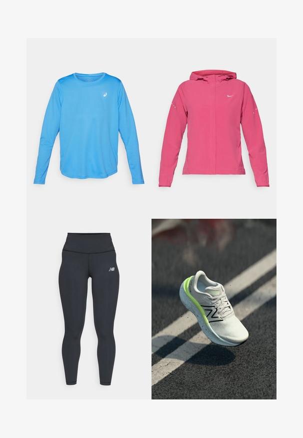 Roza Nike jakna z zadrgo spredaj, kapuco, dolgimi rokavi z elastičnimi manšetami in odsevnimi detajli na rokavih. Gladek tekstilni material.; Dolga majica za šport v svetlo modri barvi. Narejena iz gladkega, lahkega materiala z okroglim izrezom in majhnim belim logotipom.; Črne atletske leggins hlace z visokim pasom, ki imajo gladko teksturo in majhen bel logotip New Balance na stegnu.; Bela in neonsko zelena tekaška obuvala New Balance sredi zraka nad asfaltom z belimi prometnimi oznakami.