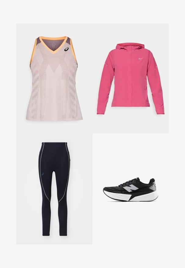 Rozā Nike jaka ar rāvējslēdzēju priekšpusē, kapuci, garām piedurknēm ar elastīgām aprocēm un atstarojošiem akcentiem uz piedurknēm. Gluda auduma tekstūra.; ASICS MATCH ACTIBREEZE TANK - Tops - watershed rose; Jūras spēku augsto jostasveida legingi, kas izgatavoti no stiepjama auduma, ar zaļu izšuvumu un Asics logo kreisajā pusē.; Melnbalts New Balance skriešanas apavi ar biezu zoli, acs augšdaļu un "N" logotipu sānos, skatīts no ārējās puses.