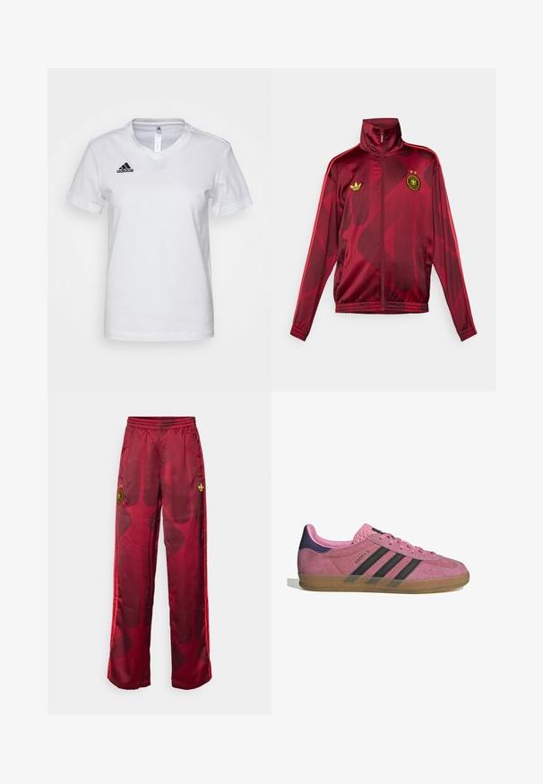 Crvena trenirka s visokim ovratnikom, s geometrijskim uzorkom, zelenim Adidas logotipom i grbom s dvije zvijezde na prsima.; Bijela pamučna majica s V-izrezom, kratkim rukavima i crnim Adidas logom na lijevoj strani prsnog područja. Glatka tekstura, klasičan kroj.; Crvene trenirke s gradijentnim dizajnom, s zlatnim grbom i tri crvene pruge sa strane. Izrađene su od glatkog, laganog materijala.; Roze nubuk tenisice s crnim prugama, gumeni potplat i teksturirani ljubičasti petni dio. Imaju vezivanje i utisnuti brend na strani.