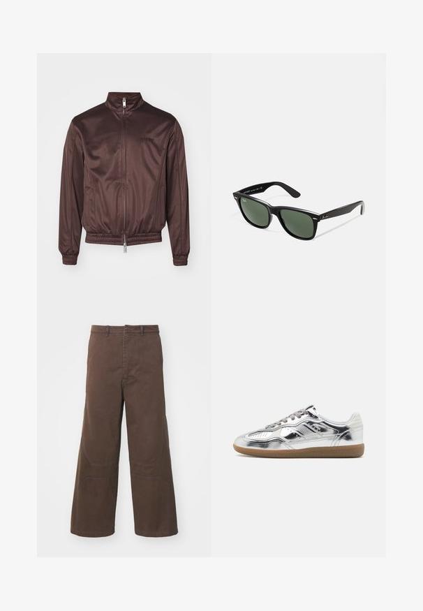 Bruine bomberjack van glanzende stof met een hoge kraag, een rits aan de voorkant, elastische manchetten en tailleband. Heeft minimale branding op de borst.; Zwarte katoenen t-shirt met opvallende witte "MOSCHINO" tekst op de voorkant; ronde hals en korte mouwen. Eenvoudig ontwerp, klassieke pasvorm.; Bruine wijde broek van duurzaam katoen. Voorzien van voorzakken en versterkte kniedetails voor extra functionaliteit.; Zilveren metallic sneakers met een gladde textuur, grijze veters en een gumrubberen zool, met perforaties op de neus en zijdesignaccenten.; Zwarte plastic zonnebril met groene lenzen, vierkante montuur, zilveren accent op de wenkbrauw en een gestructureerde tempel. Merken vermeld op de binnenkant van de arm.