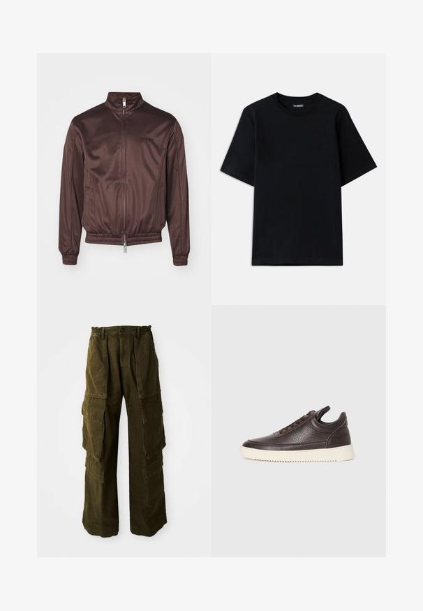 Braune Bomberjacke aus glänzendem Material mit hohem Kragen, Frontreißverschluss, elastischen Bündchen und Taillenbund. Minimalistisches Branding auf der Brust.; Schwarzes Baumwoll-T-Shirt mit Rundhalsausschnitt und kurzen Ärmeln. Verfügt über eine dezente Logo-Stickerei auf der linken Brust. Flaue, glatte Textur.; Cargo-Hosen in dunklem Olivgrün, aus strukturiertem Baumwollstoff. Verfügt über einen elastischen Bund, mehrere Seitentaschen und eine lockere Passform.; Dunkelbraune, strukturiert Leder-Sneaker mit Schnürung und weißer, gerippter Gummisohle vor einem schlichten, hellen Hintergrund.