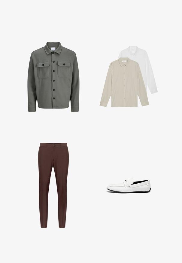 Szürke, szövet ingdzseki, gombos előrész, két mellsz zsebbe, fedéllel, és klasszikus gallérral. Fekete gombok fokozzák a kontrasztot.; Két hosszú ujjú ing: az egyik fehér anyagból készült, a másik bézs színű, vékony függőleges csíkokkal. Mindkettő gombos gallérral és mandzsettával rendelkezik.; Barna, testre szabott nadrág lapos elülső résszel, övhurkokkal és egy gombos záródással. Simahabb anyagból készült, egyenes lábujjakkal.; Fehér bőr mokaszinok sima felülettel, kerülékkel, lekerekített orral és fekete gumitalppal, amely biztosítja a tapadást.