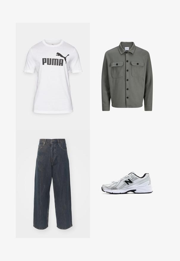 Szary, wpleciony żakiet koszulowy z zapięciem na guziki, dwiema kieszeniami na piersi z klapami i klasycznym kołnierzykiem. Czarne guziki zwiększają kontrast.; Biała koszulka z bawełny z dużym czarnym logo "PUMA" oraz czarną grafiką skaczącego kota po lewej stronie. Krótkie rękawy, klasyczny okrągły dekolt.; Szerokie, ciemnoniebieskie dżinsy z subtelnym efektem przetarcia, pięć kieszeni oraz klasyczne zapięcie na guzik i zamek błyskawiczny w talii.; Srebrny but sportowy z siateczkowego materiału, czarnymi akcentami, perforowanym wzorem i wyściełaną białą podeszwą. Posiada wyraźne logo 'N'.