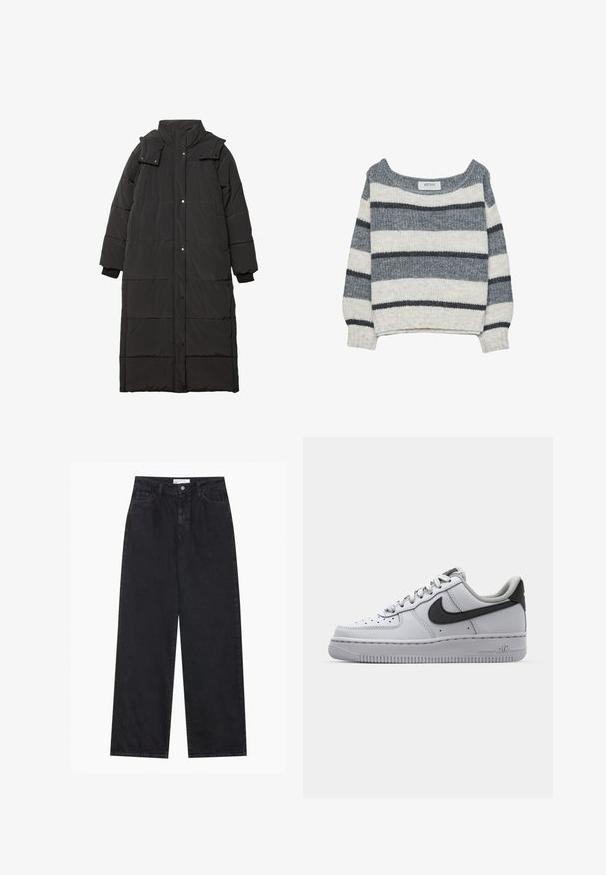 Černý zateplený dlouhý kabát s vysokým límcem, patentkami, elastickými manžetami a prošívaným vzorem. Hladký, lehký materiál.; Pletený svetr s volným střihem, který má horizontální šedé a bílé pruhy. Měkká textura, široký výstřih a žebrované manžety.; Černé dámské džíny s vysokým pasem, širokými nohavicemi, předním zapínáním na knoflík a zip, poutky na opasek a klasickou pětikapsovou stylistikou.; Bílé kožené tenisky se šedými akcenty, kulatá špička, texturovaný povrch, polstrovaný límec a kontrastní černý logotyp swoosh. Podešev s vzduchovým polstrováním.