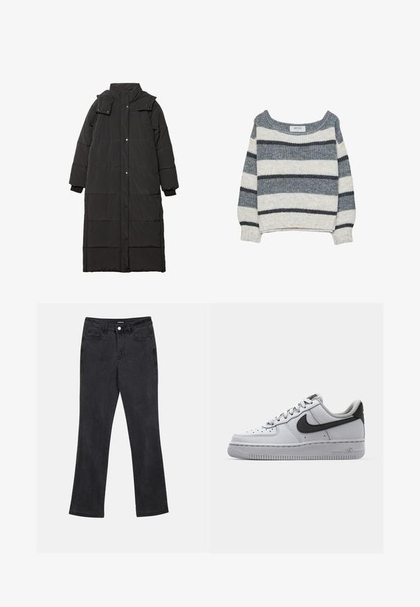 Črn podložen dolg plašč z visokim ovratnikom, pritisnim gumbi, elastičnimi manšetami in vzorcem iz prešitega materiala. Gladek, lahkoten material.; Pleteni pulover z ohlapnim krojem, ki ima vodoravne sive in bele črte. Mehak tekstur, širok izrez in rebrasti manšeti.; Črne ravne jeans hlače z sprednjimi in zadnjimi žepi, zankami za pas in z gumbom za zapiranje v pasu.; Bela usnjena superga z sivimi detajli, okroglo oblikovanimi prsti, teksturirano površino, oblazinjenim ovratnikom in kontrastnim črnim swoosh logotipom. Podplat z zračnim blaženjem.