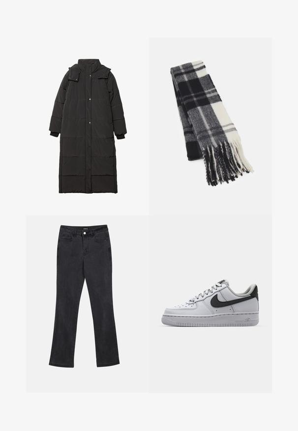 Črn podložen dolg plašč z visokim ovratnikom, pritisnim gumbi, elastičnimi manšetami in vzorcem iz prešitega materiala. Gladek, lahkoten material.; Pleteni pulover z ohlapnim krojem, ki ima vodoravne sive in bele črte. Mehak tekstur, širok izrez in rebrasti manšeti.; Črne ravne jeans hlače z sprednjimi in zadnjimi žepi, zankami za pas in z gumbom za zapiranje v pasu.; Bela usnjena superga z sivimi detajli, okroglo oblikovanimi prsti, teksturirano površino, oblazinjenim ovratnikom in kontrastnim črnim swoosh logotipom. Podplat z zračnim blaženjem.; Pier One UNISEX - Šal - black/white