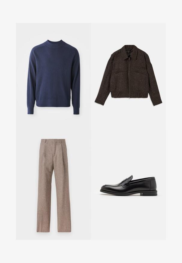 Barna, textúrált dzseki, cipzárral záródik, galléros nyakkal, két elülső zsebbel és karcsúsított derékkal rendelkezik. Az anyag szőttnek tűnik, finom mintázattal.; Sötétkék bordázott pulóver magas nyakkal, hosszú ujjal és szűkített végződéssel; a textúrás anyag mélységet ad.; Barna, magas derekú nadrág texturált anyagból. Széles szárai és két elülső redője biztosítja a struktúrát. Ízléses kivitel, látható fémszerelés nélkül.; Fekete bőr loaferek sima textúrával, kerek orral és dekoratív pánttal a vampnál. Alacsony, rétegelt sarkú, minimalista dizájn.