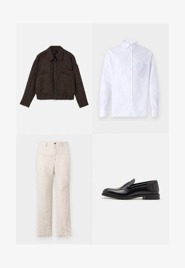 Braune strukturierte Jacke mit Reißverschluss, Kragen, zwei Vordertaschen und taillierter Passform. Das Material scheint gewebt mit einem subtilen Muster zu sein.; Weißes Langarm-Hemd mit Knöpfen aus Baumwolle, ausgestattet mit einer Brusttasche mit tonalem Stickerei, einem Kragen und Knopfmanschetten.; Leinenhose in hellem Beige, mit geradem Bein, Fronttaschen und einem einzigen Knopfverschluss an der Taille.; Schwarze Lederloafers mit glatter Textur, rundem Zehenbereich und einem dekorativen Riemen über dem Vorderfuß. Niedriger, gestapelter Absatz, minimalistisches Design.
