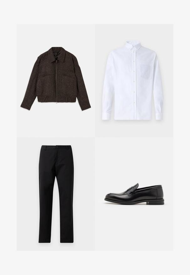 Hnedá textúrovaná bunda so zapínaním na zips, s golierom, dvoma prednými vreckami a siluetou prispôsobenou na pás. Materiál vyzerá ako tkaný s jemným vzorom.; Biely dlhý rukáv košeľa s gombíkmi vyrobená z bavlny, s náprsného vrecka s tonálnou výšivkou, golierom a gombíkovými manžetami.; Čierne nohavice so rovnými nohavicami, s upevnením na gombík a zips, s pútkami na opasok a prednými vreckami, zobrazené na bielom pozadí.; Čierne kožené mokasíny s hladkou textúrou, zaoblenou špičkou a dekoračným pásikom cez priehlavok. Nízky vrstvený opätok, minimalistický dizajn.