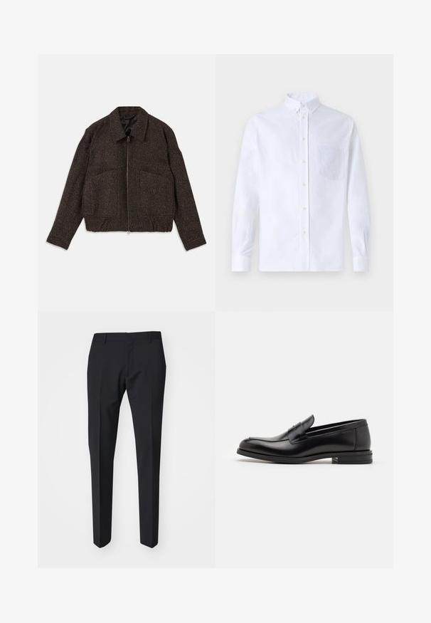 Barna, textúrált dzseki, cipzárral záródik, galléros nyakkal, két elülső zsebbel és karcsúsított derékkal rendelkezik. Az anyag szőttnek tűnik, finom mintázattal.; Fehér, hosszú ujjú, gombos ing pamutból, mellzsebbel, tónusos hímzéssel, gallérral és gombos mandzsettával.; Sötét tengerészkék, slim fit nadrág. Sima, texturált anyagból készült, lapos elülső résszel, övhurkokkal és oldalsó zsebekkel rendelkezik.; Fekete bőr loaferek sima textúrával, kerek orral és dekoratív pánttal a vampnál. Alacsony, rétegelt sarkú, minimalista dizájn.
