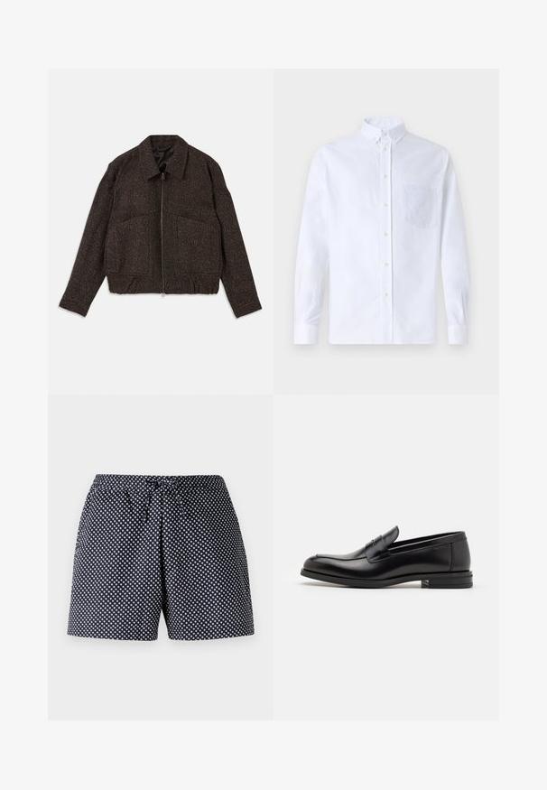 Veste texturée marron avec fermeture éclair, col, deux poches avant et taille cintrée. Le matériau semble tissé avec un motif subtil.; Chemise blanche à manches longues avec boutons en coton, présentant une poche poitrine avec broderie ton sur ton, un col et des poignets boutonnés.; Shorts bleu marine avec un motif de pois circulaires blancs, dotés d'une taille élastique avec cordon de serrage. Tissu léger, coupe détendue.; Mocassins en cuir noir avec une texture lisse, bout rond et une sangle décorative sur le dessus. Talon bas empilé, design minimaliste.