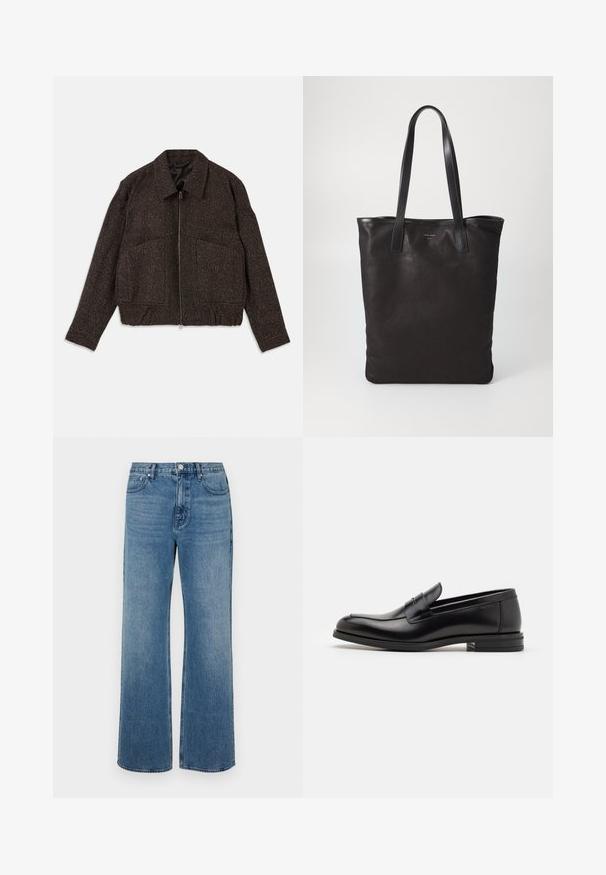 Ruda tekstūruota striukė su užtrauktuku, apykakle, dviem priekinėmis kišenėmis ir prigludusia juostos dalimi. Medžiaga atrodo austinė su subtiliu raštu.; Balta ilga rankovė mygtukų marškiniai, pagaminti iš medvilnės, su krūtine kišene ir toniniu siuvinėjimu, apykakle ir mygtukų apvadu.; Platus blaujos džinsai, pagaminti iš dėvėtos džinsinio audinio. Sukurtas su penkiomis kišenėmis, priekiniais sagčių uždarymu ir tiesiu kirpimu.; Juodos odinės loafers, turinčios lygų paviršių, apvalią noselę ir dekoratyvinę juostą per priekinę dalį. Žemas krentantis kulnas, minimalistinis dizainas.; Juodas drobės pirkinių maišelis su juodais odiniais rankenomis. Paprastas dizainas, erdvus kūnas ir lygus paviršius. Nėra matomų logotipų ar raštų.