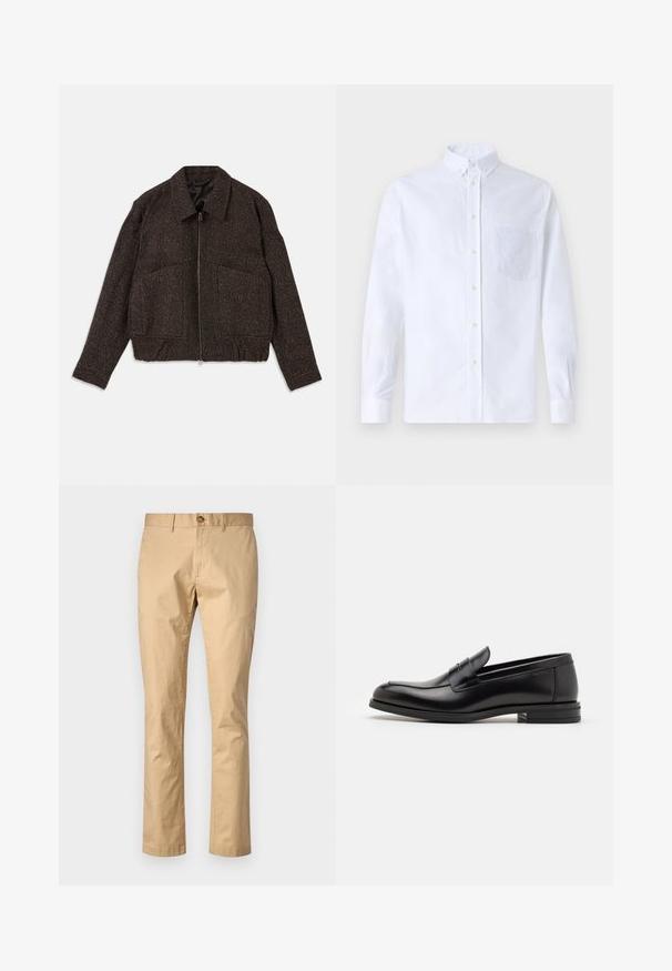 Bruin gestructureerd jack met een ritssluiting, colkraag, twee voortassen en een getailleerde taille. Het materiaal lijkt geweven met een subtiel patroon.; Witte lange mouwen overhemd van katoen, met een borstzak met tonale borduring, een kraag en knopenmanchetten.; Beige katoenen broek met een rechte snit, voorzien van een knoopsluiting aan de voorkant en riemlussen. Soepele textuur met minimale accenten.; Zwarte leren instappers met een gladde textuur, ronde neus en een decoratieve band over de wreef. Lage, gestapelde hak en minimalistisch ontwerp.