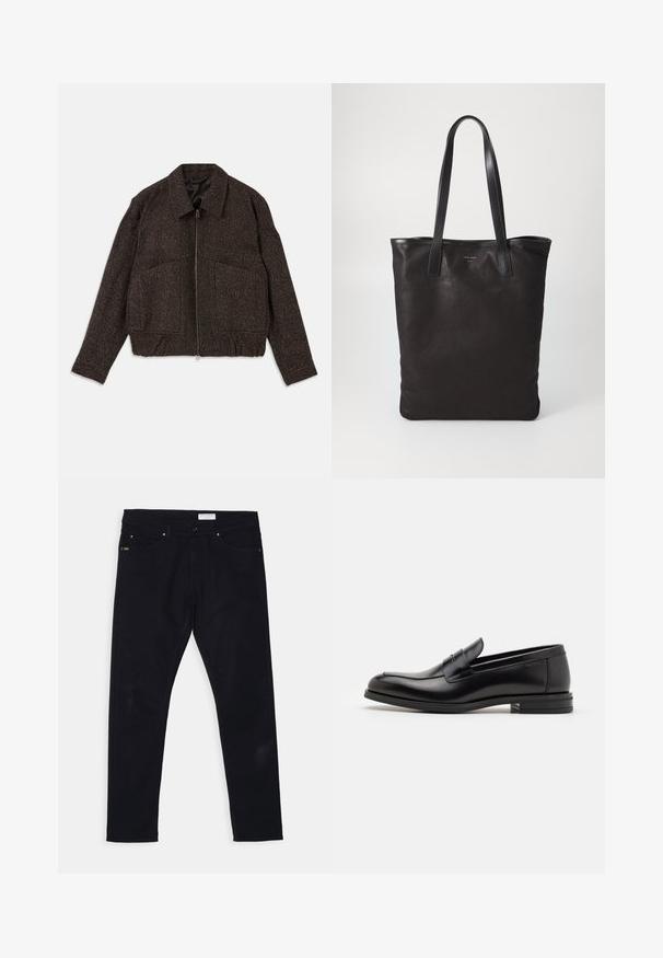 Smeđa teksturirana jakna sa zatvaranjem na rajsferšlus, ovratnikom, dva prednja džepa i strukiranim oblikom. Materijal izgleda kao tkanina s suptilnim uzorkom.; Bijela košulja s dugim rukavima na dugme, izrađena od pamuka, s džepom na prsima s ton-sur-ton vezom, ovratnikom i dugmadi na manžetama.; Crne traperice od denima slim kroja, s pet džepova i metalnim dekoracijama. Uključuju kožnu oznaku na stražnjem remenu.; Crni kožni mokasini s glatkom teksturom, zaobljenim prstima i ukrasnom trakom preko prednjeg dijela. Niski slojeviti potplat, minimalistički dizajn.; Crna platnena torba s crnim kožnim ručkama. Jednostavan dizajn, prostrano tijelo i glatka tekstura. Bez vidljivih logotipa ili uzoraka.