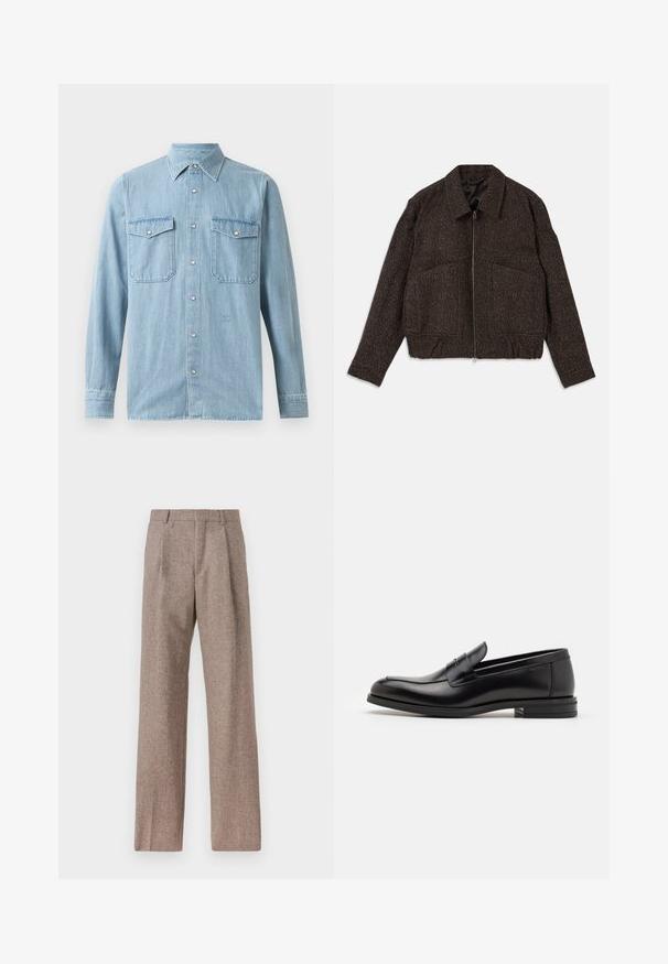 Ruda tekstūruota striukė su užtrauktuku, apykakle, dviem priekinėmis kišenėmis ir prigludusia juostos dalimi. Medžiaga atrodo austinė su subtiliu raštu.; Šviesiai mėlyna džinsinė marškiniai su sagų užsegimu, smailiu apykakle, dviem krūtinės kišenėmis ir užsegamais rankovėmis. Lygus paviršius su minimaliais akcentais.; Rudos, aukšto liemens kelnes, pagamintas iš tekstūruotos medžiagos. Plati kojos, dvi priekinės klostės struktūrai. Tvarkingas apdailos darbai, be matomų detalių.; Juodos odinės loafers, turinčios lygų paviršių, apvalią noselę ir dekoratyvinę juostą per priekinę dalį. Žemas krentantis kulnas, minimalistinis dizainas.