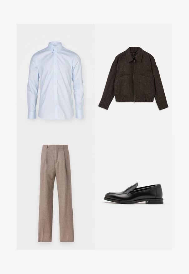 Hnědá texturovaná bunda se zipem, límečkem, dvěma předními kapsami a přiléhavým pasem. Materiál vypadá tkaný s jemným vzorem.; Světle modrá košile s dlouhým rukávem, která má klasický límec, zapínání na knoflíky a kontrastní knoflíky; vyrobena z hladké tkaniny s ostrým povrchem.; Hnědé kalhoty s vysokým pasem vyrobené z texturované látky. Mají široké nohavice a dva přední sklady pro strukturu. Úhledné provedení bez viditelné kovových částí.; Černé kožené polobotky s hladkou texturou, zaoblenou špičkou a zdobným páskem přes nárt. Nízký stohovaný podpatek, minimalistický design.