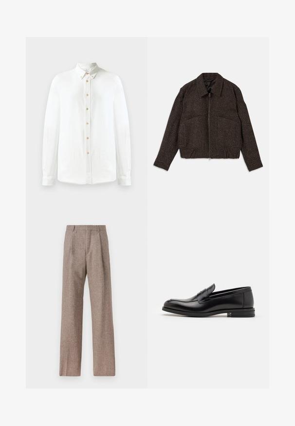 Ruskea tekstuurinen takki, jossa on vetoketjusuljenta, kauluspaita, kaksi etutaskua ja istuva vyötärö. Materiaali näyttää olevan kudottu hienovaraisella kuviolla.; Valkoinen pitkähihaisen napillinen paita, joka on valmistettu pehmeästä kankaasta. Paidassa on klassinen kaulus, rivi pyöreitä ruskeita nappeja ja napitetut hihansuut.; Ruskejat, korkeavyötäröiset housut, jotka on valmistettu teksturoidusta kankaasta. Ominaisuuksina ovat leveät lahkeet ja kaksi etupuolelle ommeltua laskosta rakenteen tukemiseksi. Siisti viimeistely ilman näkyvää metalliosaa.; Mustat nahkakengät, joissa on sileä pinta, pyöreä kärki ja koristeellinen nauha jalkapöydän yli. Matala pinoitu koroke, minimalistinen muotoilu.