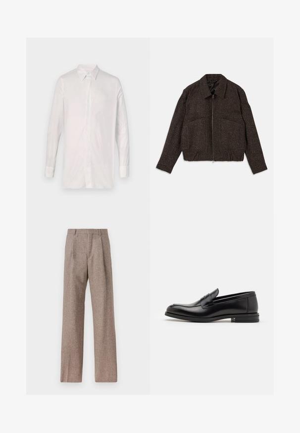 Hnedá textúrovaná bunda so zapínaním na zips, s golierom, dvoma prednými vreckami a siluetou prispôsobenou na pás. Materiál vyzerá ako tkaný s jemným vzorom.; Biele dlhé tričko vyrobené z hladkej látky. Má klasický golier, zapínanie na gombíky a manžety s minimálnym zdobením.; Hnedé, vysoké nohavice vyrobené z texturovanej látky. Majú široké nohavice a dva predné záhyby pre štruktúru. Úhľadné spracovanie bez viditeľného kovania.; Čierne kožené mokasíny s hladkou textúrou, zaoblenou špičkou a dekoračným pásikom cez priehlavok. Nízky vrstvený opätok, minimalistický dizajn.