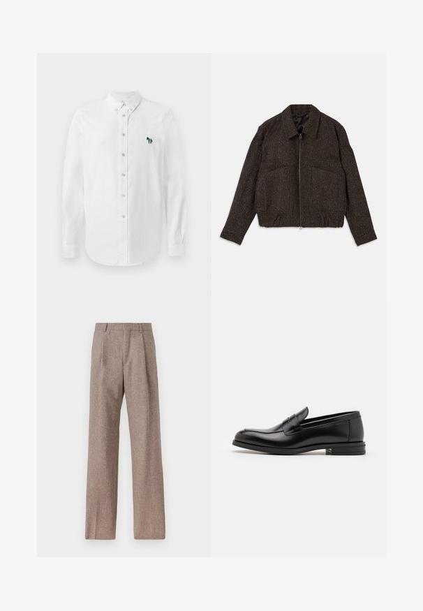 Barna, textúrált dzseki, cipzárral záródik, galléros nyakkal, két elülső zsebbel és karcsúsított derékkal rendelkezik. Az anyag szőttnek tűnik, finom mintázattal.; Fehér, hosszú ujjú ing, amely finom textúrájú anyagból készült, és a bal mellen egy hímezett, színes ló motívum található.; Barna, magas derekú nadrág texturált anyagból. Széles szárai és két elülső redője biztosítja a struktúrát. Ízléses kivitel, látható fémszerelés nélkül.; Fekete bőr loaferek sima textúrával, kerek orral és dekoratív pánttal a vampnál. Alacsony, rétegelt sarkú, minimalista dizájn.