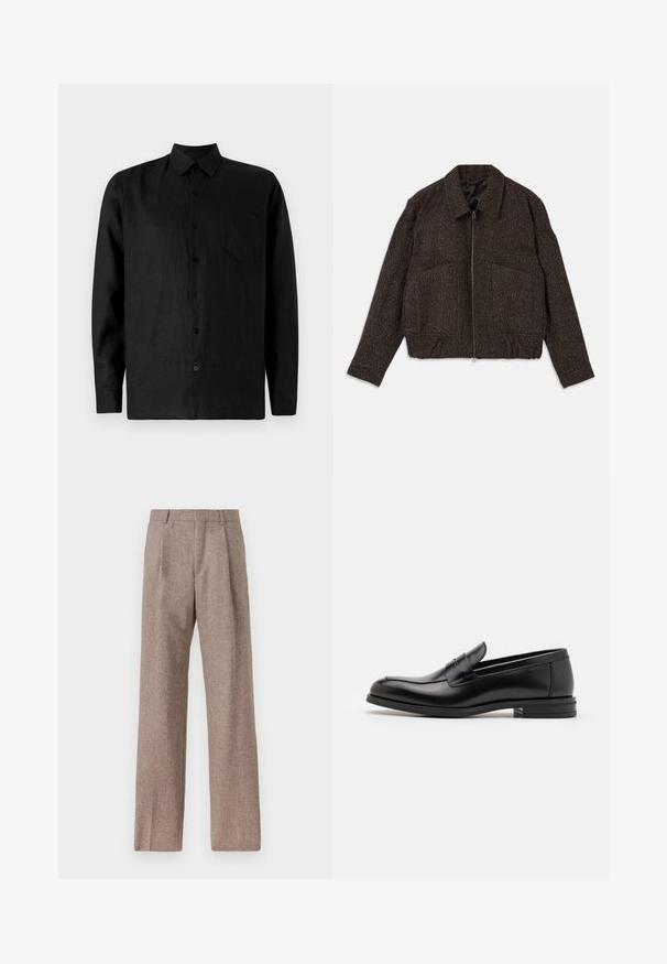Giacca marrone con texture, chiusura con zip, colletto, due tasche frontali e vita aderente. Il materiale sembra tessuto con un motivo sottile.; Camicia nera in lino a maniche lunghe con chiusura a bottoni, colletto alla francese, taschino sul petto e texture liscia.; Pantaloni marroni a vita alta realizzati in tessuto testurizzato. Presentano gambe ampie e due pieghe frontali per struttura. Rifinitura curata senza hardware visibile.; Mocassini neri in pelle con una texture liscia, punta arrotondata e una striscia decorativa sulla tomaia. Tacco basso impilato, design minimalista.