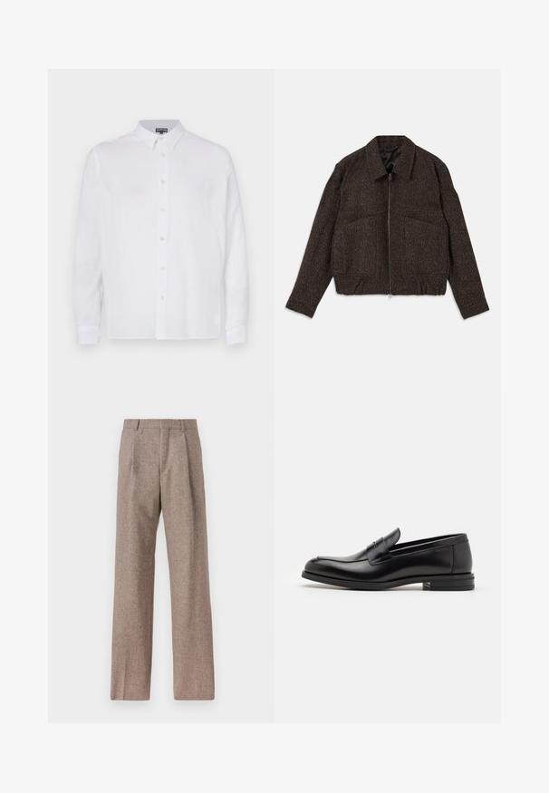 Rjava teksturirana jakna z zadrgo, ovratnikom, dvema sprednjima žepoma in oprijetim pasom. Material se zdi tkane strukture z diskretnim vzorcem.; Bela srajca z dolgimi rokavi iz lanenega materiala, s baro, ki ima ravno rez in vidne gumbe spredaj.; Rjave hlače z visokim pasom, izdelane iz teksturirane tkanine. Imajo široke noge in dve sprednji pregibi za strukturo. Urejen zaključek brez vidne strojne opreme.; Črne usnjene loafer čevlje z gladko teksturo, zaobljenim nosom in dekorativnim trakom čez zgornji del. Nizka zložena peta, minimalističen dizajn.