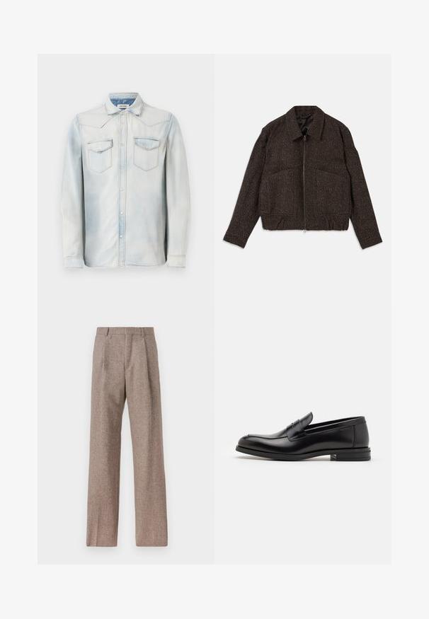 Braune strukturierte Jacke mit Reißverschluss, Kragen, zwei Vordertaschen und taillierter Passform. Das Material scheint gewebt mit einem subtilen Muster zu sein.; Hellblaues Denimhemd mit langen Ärmeln, spitzem Kragen und Taschen vorne. Es hat eine ausgewaschene Optik und eine kontrastierende Naht.; Braune, hochtaillierte Hose aus strukturiertem Stoff. Mit weitem Bein und zwei vorderen Bügelfalten für zusätzliche Form. Saubere Verarbeitung ohne sichtbare Hardware.; Schwarze Lederloafers mit glatter Textur, rundem Zehenbereich und einem dekorativen Riemen über dem Vorderfuß. Niedriger, gestapelter Absatz, minimalistisches Design.