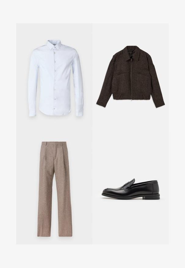 Ruda tekstūruota striukė su užtrauktuku, apykakle, dviem priekinėmis kišenėmis ir prigludusia juostos dalimi. Medžiaga atrodo austinė su subtiliu raštu.; Šviesiai mėlynas ilgomis rankovėmis marškinis su mygtukų kišenėmis, penki mygtukai priekyje ir lygi, šiek tiek blizgi medvilnės tekstūra.; Rudos, aukšto liemens kelnes, pagamintas iš tekstūruotos medžiagos. Plati kojos, dvi priekinės klostės struktūrai. Tvarkingas apdailos darbai, be matomų detalių.; Juodos odinės loafers, turinčios lygų paviršių, apvalią noselę ir dekoratyvinę juostą per priekinę dalį. Žemas krentantis kulnas, minimalistinis dizainas.