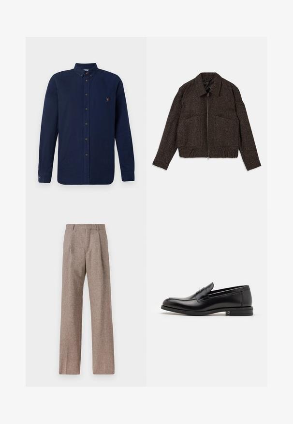 Ruda tekstūruota striukė su užtrauktuku, apykakle, dviem priekinėmis kišenėmis ir prigludusia juostos dalimi. Medžiaga atrodo austinė su subtiliu raštu.; Tamsiai mėlynas ilgomis rankovėmis mygtukų marškiniai, pagaminti iš medvilnės, su apykakle, rudos spalvos mygtukais ir maža daugiakampio logotipu kairėje krūtinės pusėje.; Rudos, aukšto liemens kelnes, pagamintas iš tekstūruotos medžiagos. Plati kojos, dvi priekinės klostės struktūrai. Tvarkingas apdailos darbai, be matomų detalių.; Juodos odinės loafers, turinčios lygų paviršių, apvalią noselę ir dekoratyvinę juostą per priekinę dalį. Žemas krentantis kulnas, minimalistinis dizainas.