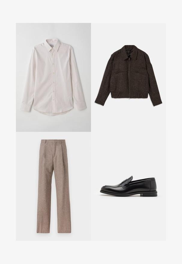 Brun tekstureret jakke med lynlås, krave, to forlommer og en tætsiddende talje. Materialet ser vævet ud med et subtilt mønster.; Lyserød langærmet skjorte med knapper og spread krave, vertikale striber og afrundet kant. Har beige knapper og en glat tekstur.; Brune, højtaljede bukser lavet af tekstureret stof. Har brede ben og to frontfoldninger for struktur. Pæn finish uden synlig hardware.; Sorte læderloafers med en glat overflade, rund tå og en dekorativ strop over vampen. Lav hæl med stabeldesign, minimalistisk stil.