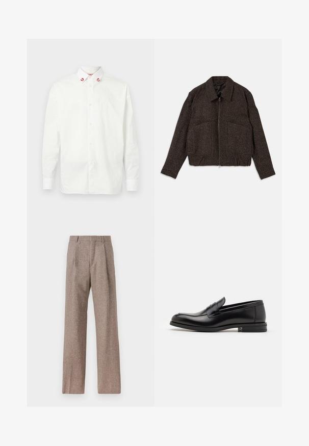 Braune strukturierte Jacke mit Reißverschluss, Kragen, zwei Vordertaschen und taillierter Passform. Das Material scheint gewebt mit einem subtilen Muster zu sein.; Weißes Hemd mit Knöpfen aus Baumwolle und klassischem Kragen. Merkmale rote Akzente an den Kragenenden und ein einfaches Design. Schlichte Textur.; Braune, hochtaillierte Hose aus strukturiertem Stoff. Mit weitem Bein und zwei vorderen Bügelfalten für zusätzliche Form. Saubere Verarbeitung ohne sichtbare Hardware.; Schwarze Lederloafers mit glatter Textur, rundem Zehenbereich und einem dekorativen Riemen über dem Vorderfuß. Niedriger, gestapelter Absatz, minimalistisches Design.