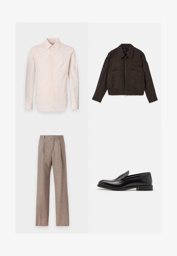 Bruin gestructureerd jack met een ritssluiting, colkraag, twee voortassen en een getailleerde taille. Het materiaal lijkt geweven met een subtiel patroon.; Lichtroze langarmshirt van gladde stof, met een puntkraag, knoopsluiting en een licht gebogen zoom.; Bruine, hooggewaisted broeken van een gestructureerde stof. Heeft wijde benen en twee voorplooien voor extra structuur. Net afgewerkt zonder zichtbare hardware.; Zwarte leren instappers met een gladde textuur, ronde neus en een decoratieve band over de wreef. Lage, gestapelde hak en minimalistisch ontwerp.