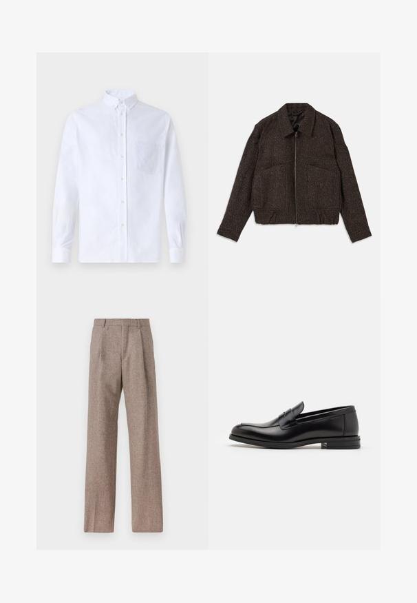 Rjava teksturirana jakna z zadrgo, ovratnikom, dvema sprednjima žepoma in oprijetim pasom. Material se zdi tkane strukture z diskretnim vzorcem.; Bela dolgo rukava srajca s kragnico, izdelana iz bombaža, z žepom na prsih in toniranimi vezeninami ter gumbi na manšetah.; Rjave hlače z visokim pasom, izdelane iz teksturirane tkanine. Imajo široke noge in dve sprednji pregibi za strukturo. Urejen zaključek brez vidne strojne opreme.; Črne usnjene loafer čevlje z gladko teksturo, zaobljenim nosom in dekorativnim trakom čez zgornji del. Nizka zložena peta, minimalističen dizajn.