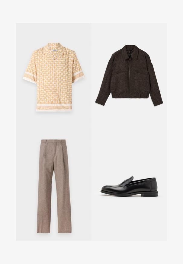 Brun tekstureret jakke med lynlås, krave, to forlommer og en tætsiddende talje. Materialet ser vævet ud med et subtilt mønster.; Kortærmet skjorte i lys gul med et geometrisk mønster i creme. Har en knaplukning foran og kontrasterende mønstrede manchetter og kant.; Brune, højtaljede bukser lavet af tekstureret stof. Har brede ben og to frontfoldninger for struktur. Pæn finish uden synlig hardware.; Sorte læderloafers med en glat overflade, rund tå og en dekorativ strop over vampen. Lav hæl med stabeldesign, minimalistisk stil.