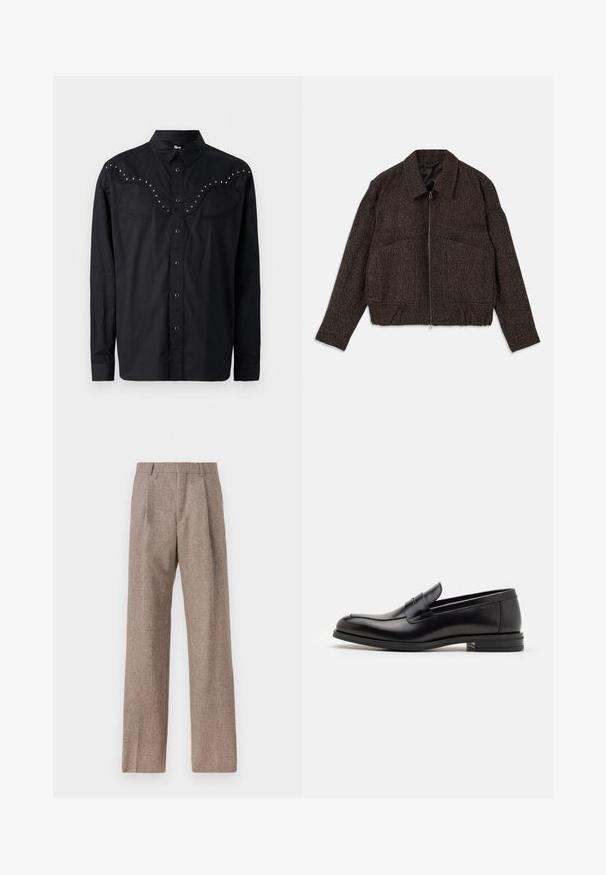 Barna, textúrált dzseki, cipzárral záródik, galléros nyakkal, két elülső zsebbel és karcsúsított derékkal rendelkezik. Az anyag szőttnek tűnik, finom mintázattal.; Fekete, sima anyagból készült ing, nyugati stílusú vállrészébe fém tüskék vannak, két melletti zsebbel és hosszú ujjakkal.; Barna, magas derekú nadrág texturált anyagból. Széles szárai és két elülső redője biztosítja a struktúrát. Ízléses kivitel, látható fémszerelés nélkül.; Fekete bőr loaferek sima textúrával, kerek orral és dekoratív pánttal a vampnál. Alacsony, rétegelt sarkú, minimalista dizájn.