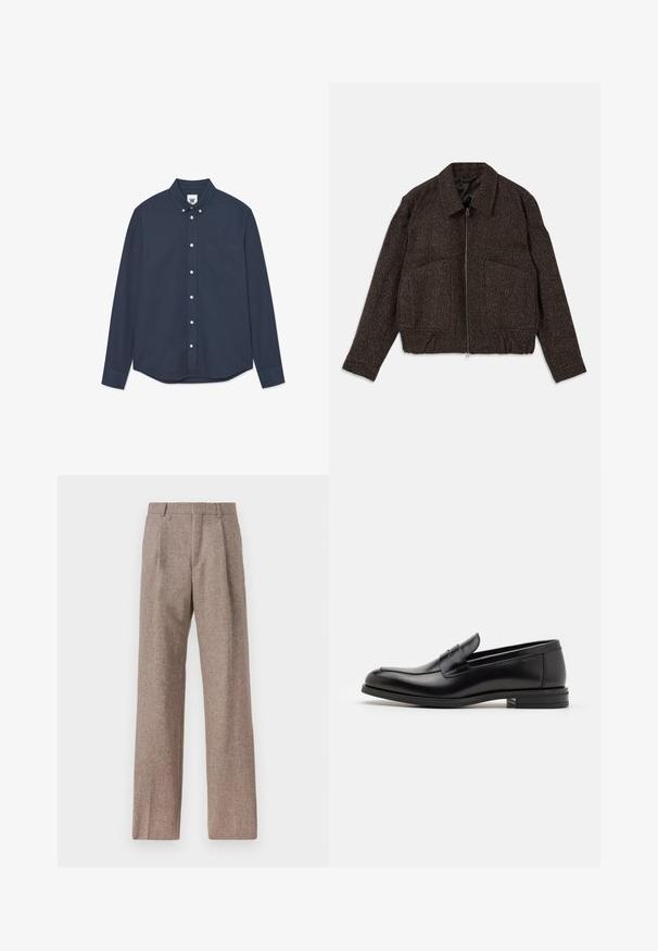 Brun tekstureret jakke med lynlås, krave, to forlommer og en tætsiddende talje. Materialet ser vævet ud med et subtilt mønster.; Mørkeblå langærmet skjorte med knaplukning, frontlomme på brystet og lille broderet logo på lommen og kraven.; Brune, højtaljede bukser lavet af tekstureret stof. Har brede ben og to frontfoldninger for struktur. Pæn finish uden synlig hardware.; Sorte læderloafers med en glat overflade, rund tå og en dekorativ strop over vampen. Lav hæl med stabeldesign, minimalistisk stil.